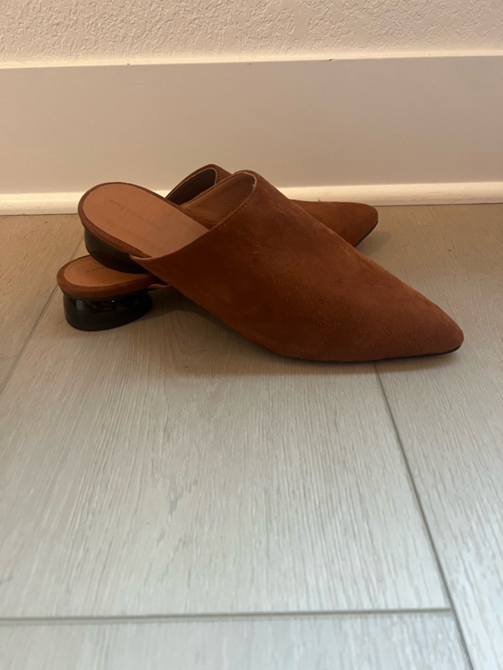 Anthropologie Cognac Suede Mule Heels Size 39 Minimalist Slip On Shoes